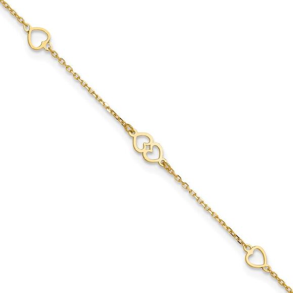 14k Yellow Gold Polished Hearts 9in Plus 1 in ext. Anklet